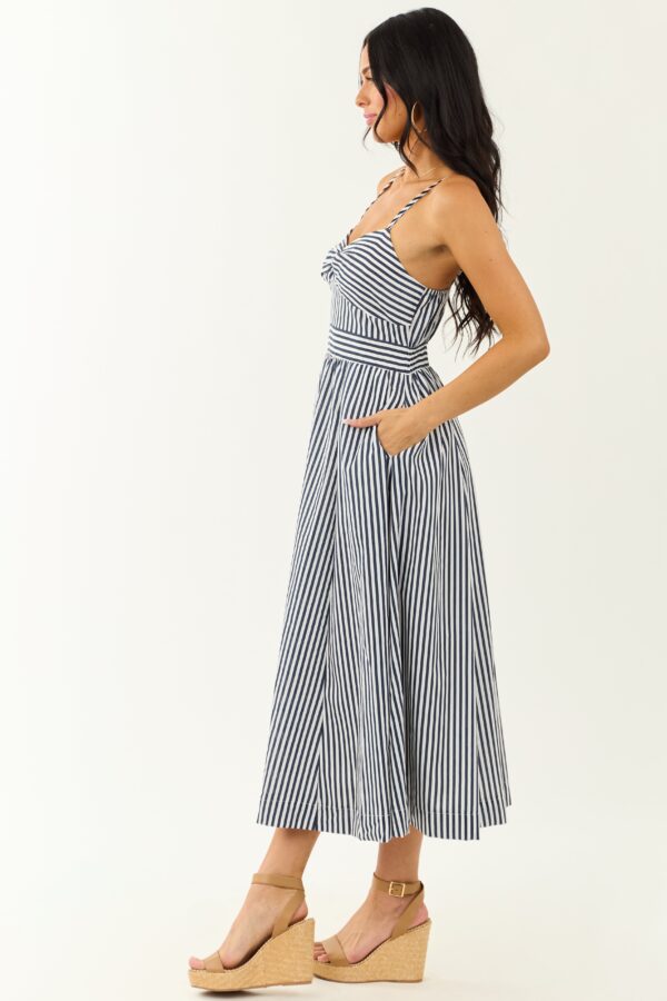 Off White and Navy Striped Sweetheart Midi Dress - Image 5