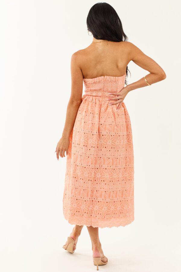 Peach Strapless Eyelet Front Tie Midi Dress - Image 8