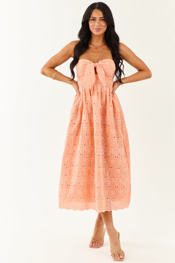Peach Strapless Eyelet Front Tie Midi Dress - Image 4