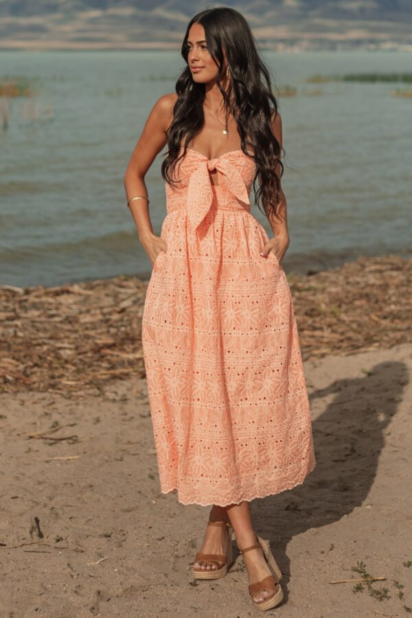 Peach Strapless Eyelet Front Tie Midi Dress - Image 2