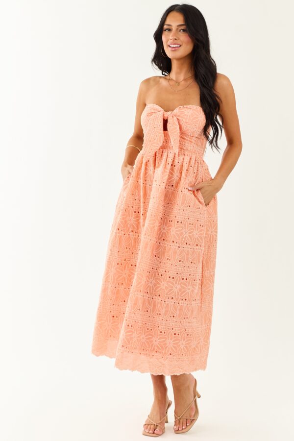 Peach Strapless Eyelet Front Tie Midi Dress - Image 6