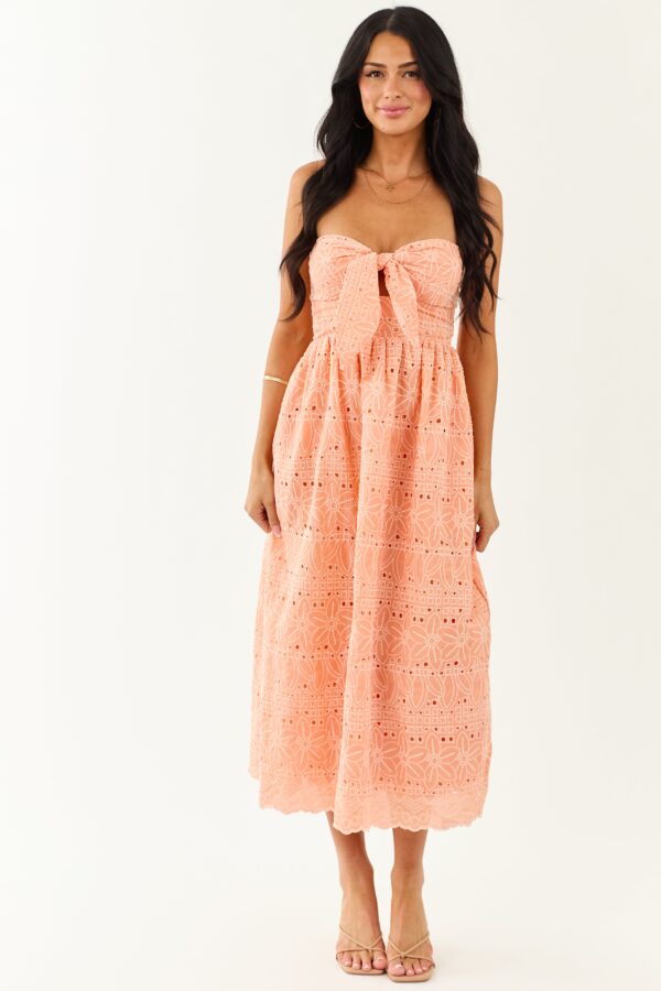 Peach Strapless Eyelet Front Tie Midi Dress - Image 5