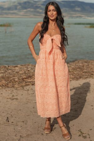 Peach Strapless Eyelet Front Tie Midi Dress