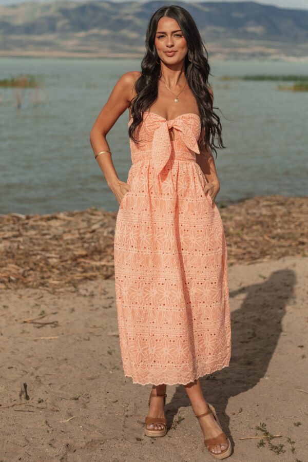 Peach Strapless Eyelet Front Tie Midi Dress