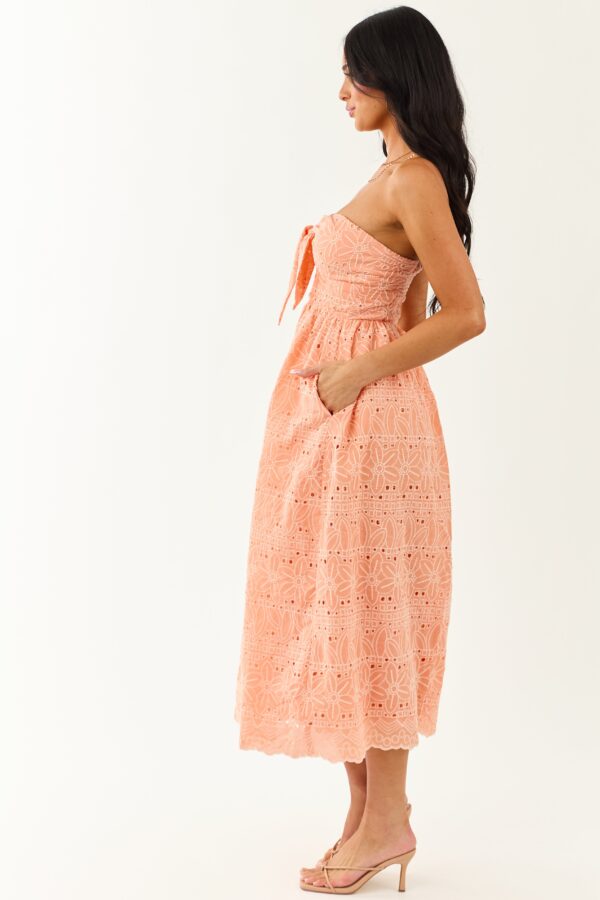 Peach Strapless Eyelet Front Tie Midi Dress - Image 7