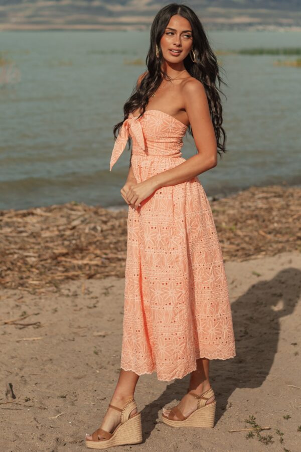 Peach Strapless Eyelet Front Tie Midi Dress - Image 3