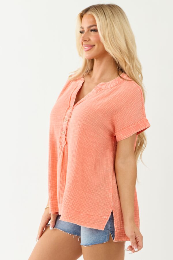 Peach Washed Double Gauze Cotton Short Sleeve Top - Image 5