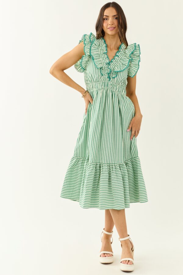 Pine and Mint Striped Ruffle Cap Sleeve Midi Dress - Image 2