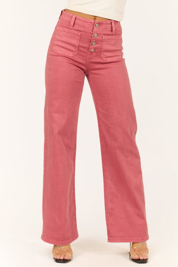 Dark Coral Patch Pocket Wide Leg Jeans - Image 2
