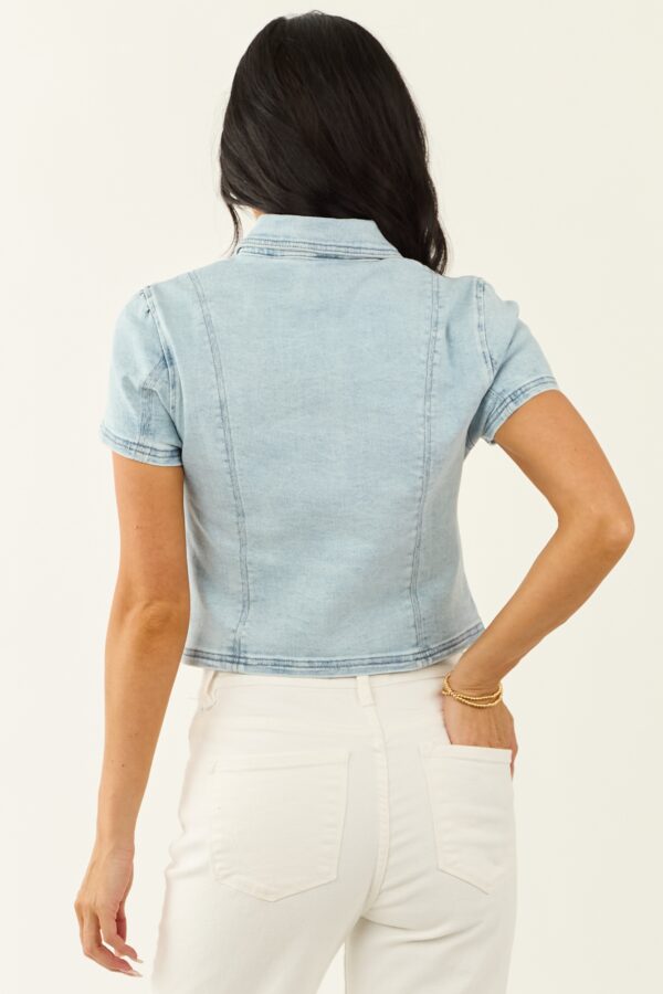 Light Wash Denim Button Down Short Sleeve Top - Image 5