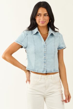 Light Wash Denim Button Down Short Sleeve Top