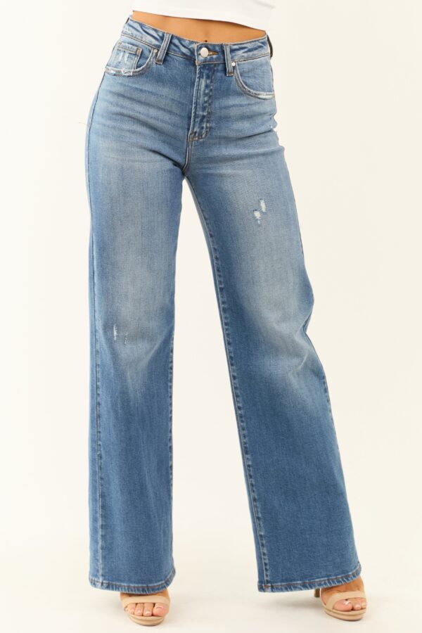 Medium Wash Lightly Distressed Wide Leg Jeans - Image 2
