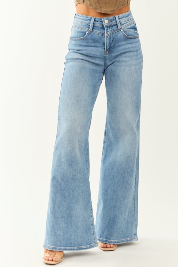 Medium Wash Waist V Stitch Stretchy Wide Jeans - Image 2