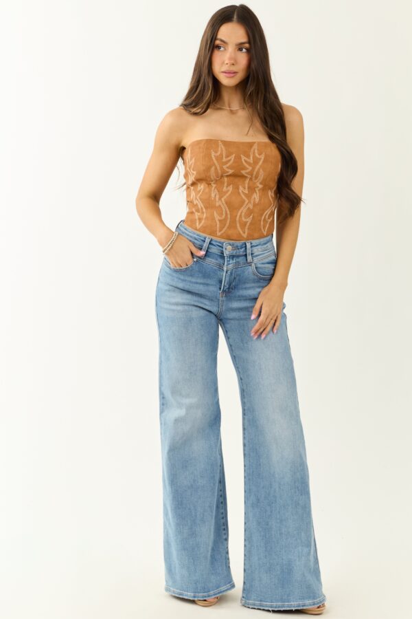 Medium Wash Waist V Stitch Stretchy Wide Jeans - Image 9