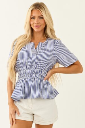 Cobalt Striped Short Sleeve Peplum Blouse