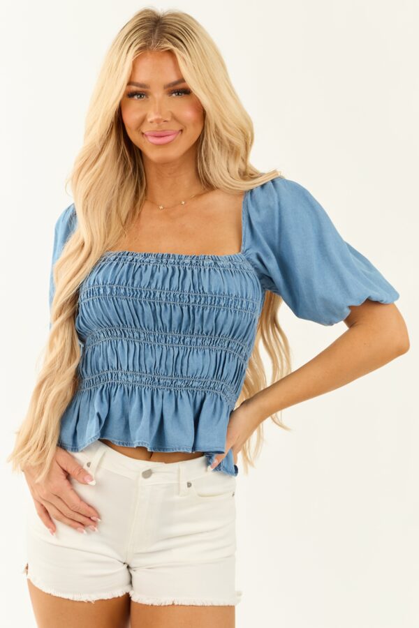 Steel Blue Chambray Denim Smocked Peplum Top - Image 2